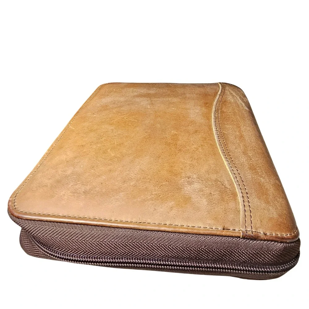 Vintage 90s Franklin Covey Brown Tan Leather 7-Ring Zip Planner USA Academia